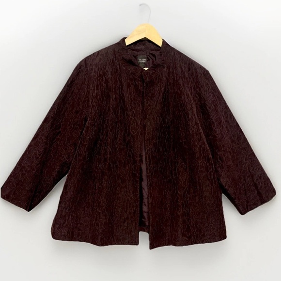 Eileen Fisher Jacket Women's 1X Plus Purple Silk Open Front Embroidered Classic - Picture 2 of 12